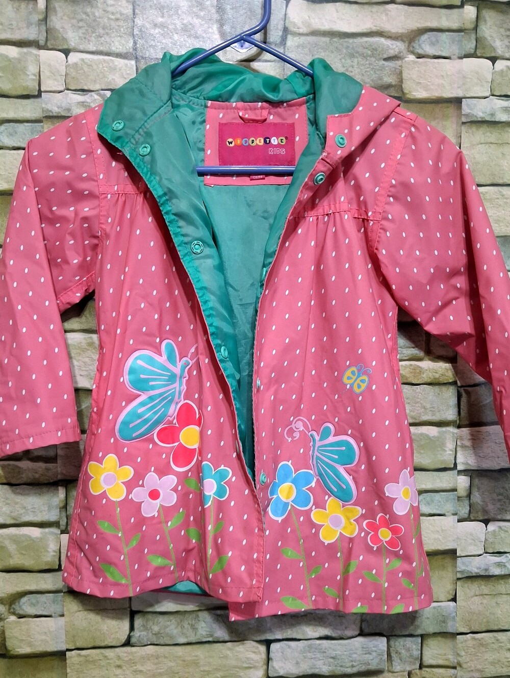 Wippette Kids Girls 4T Pink Polka Dot Vinyl Butterfly Applique Hooded Raincoat